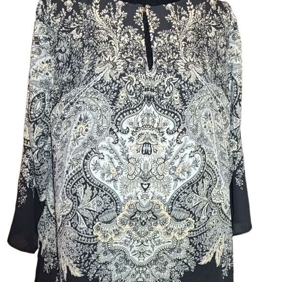 Rose And Olive Tunic Flowy Crepe Black And White Floral Paisle Flowy Sz 1X - Picture 3 of 12